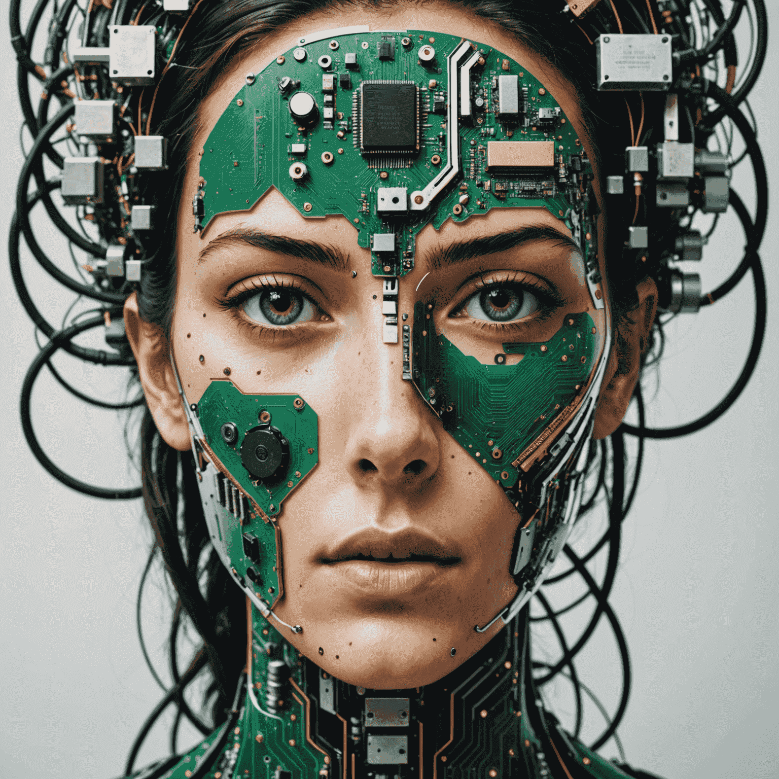 A futuristic collage showing half a human face merged with circuit boards and AI-generated art, symbolizing the fusion of human creativity and artificial intelligence