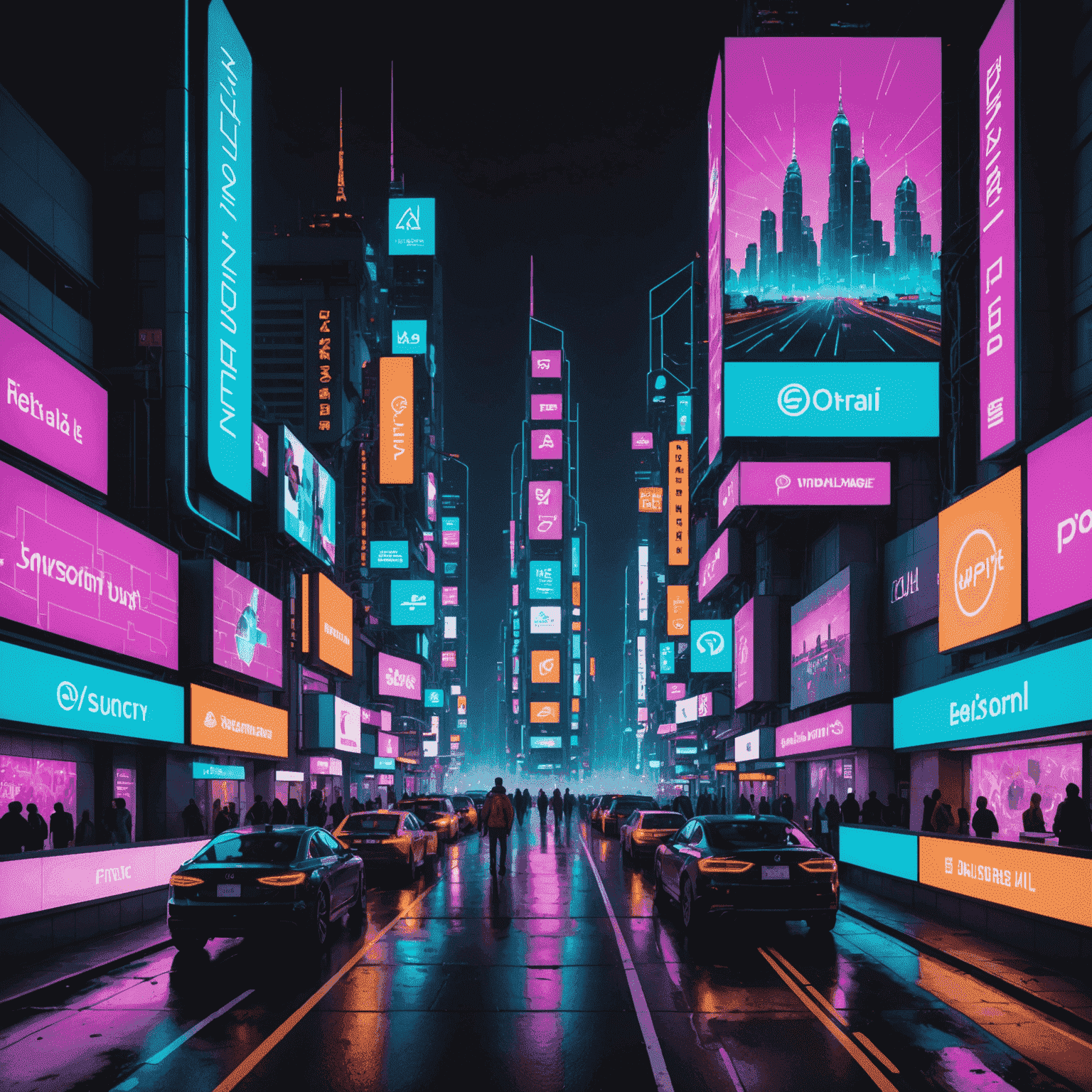 A futuristic cityscape with neon billboards showcasing AI-generated art and designs