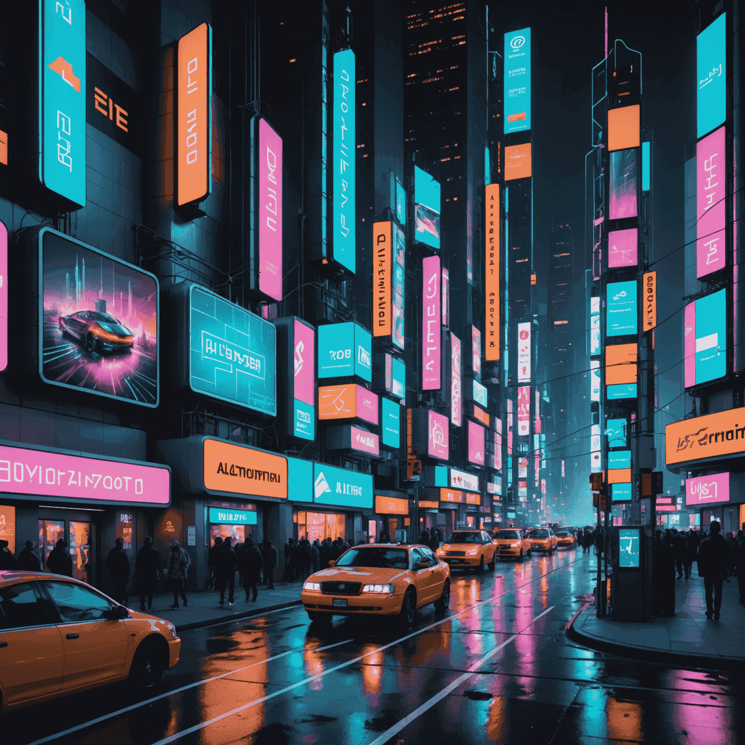 A futuristic cityscape with neon billboards showcasing AI-generated art and designs