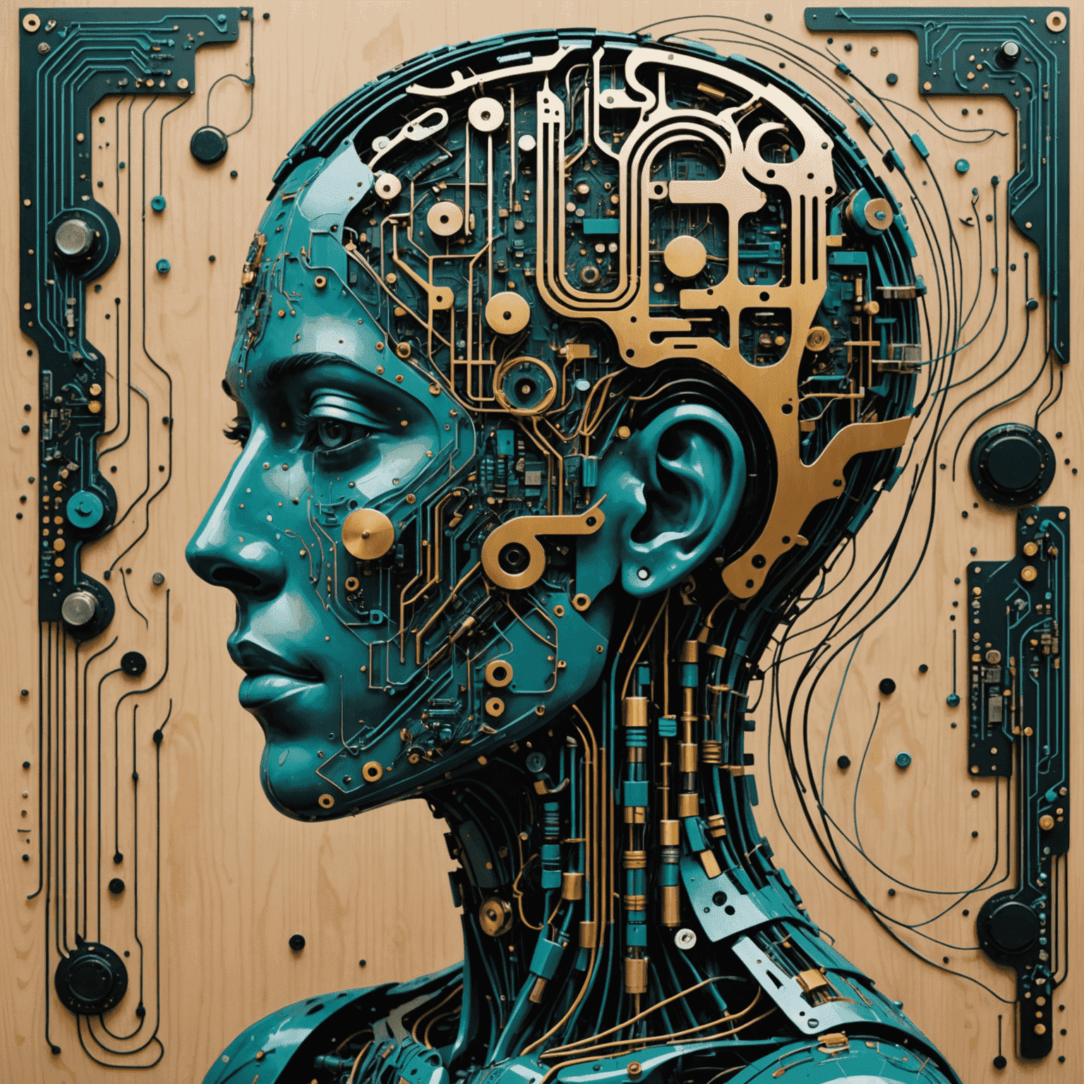 A futuristic collage showing AI-generated art, music notes, and design elements intertwined with circuit boards and human silhouettes, representing the fusion of AI and human creativity