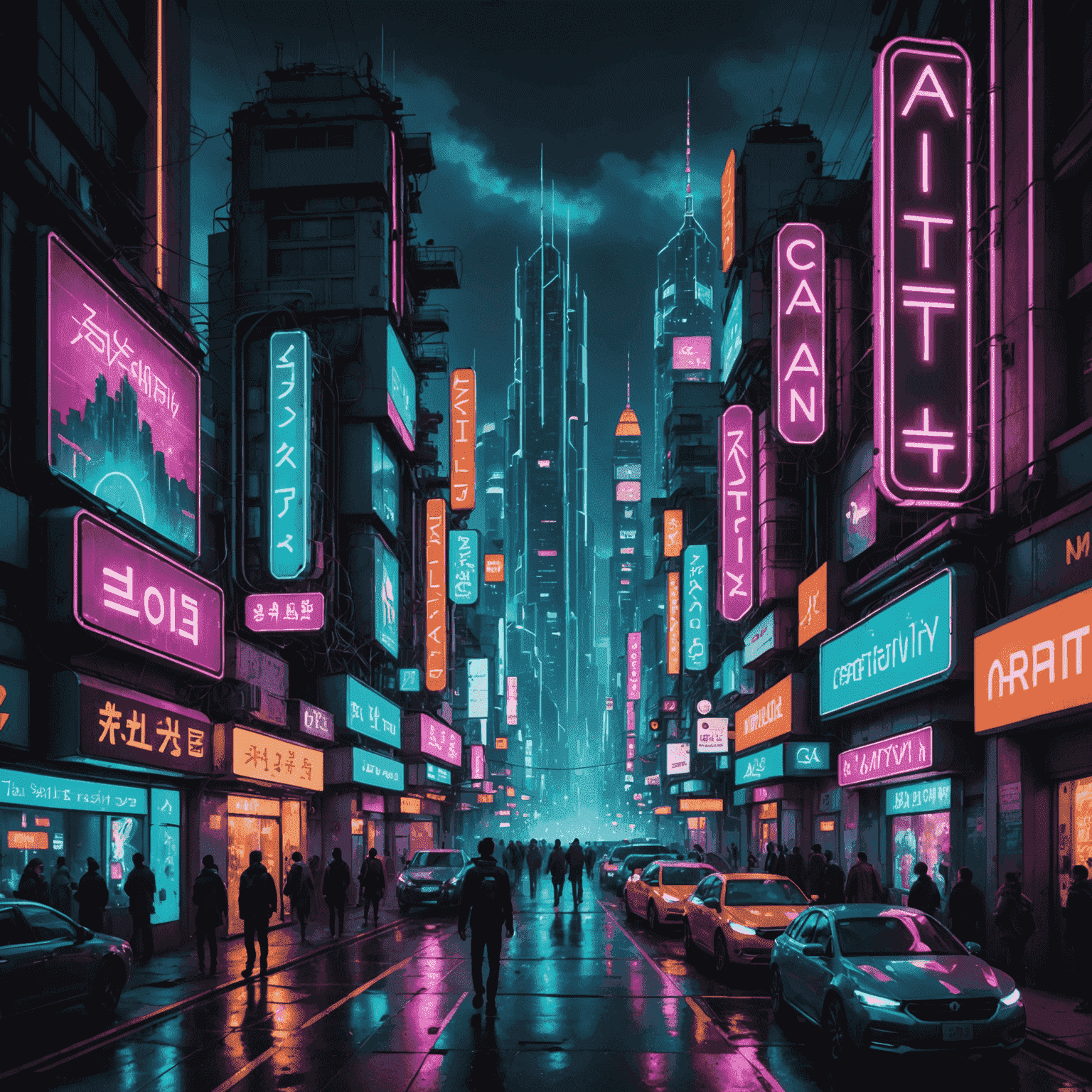 A futuristic cityscape with neon signs displaying 'AI' and 'Creativity' in conflict, symbolizing the tension between artificial intelligence and human creative professions