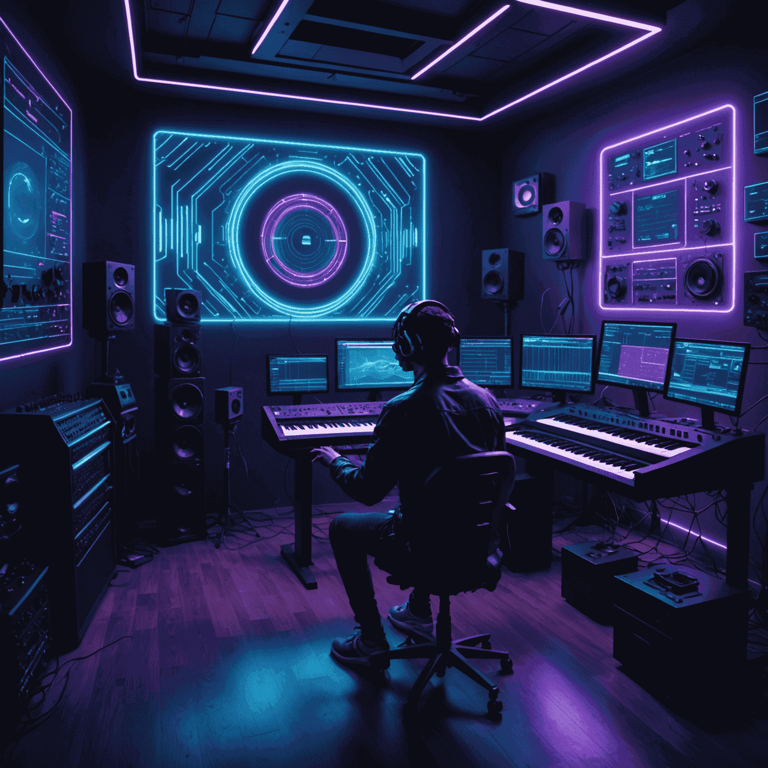 A futuristic recording studio with a musician working alongside a holographic AI interface, composing a piece together. The room is bathed in neon blue and purple lights, with vintage synthesizers and modern touchscreens seamlessly integrated.