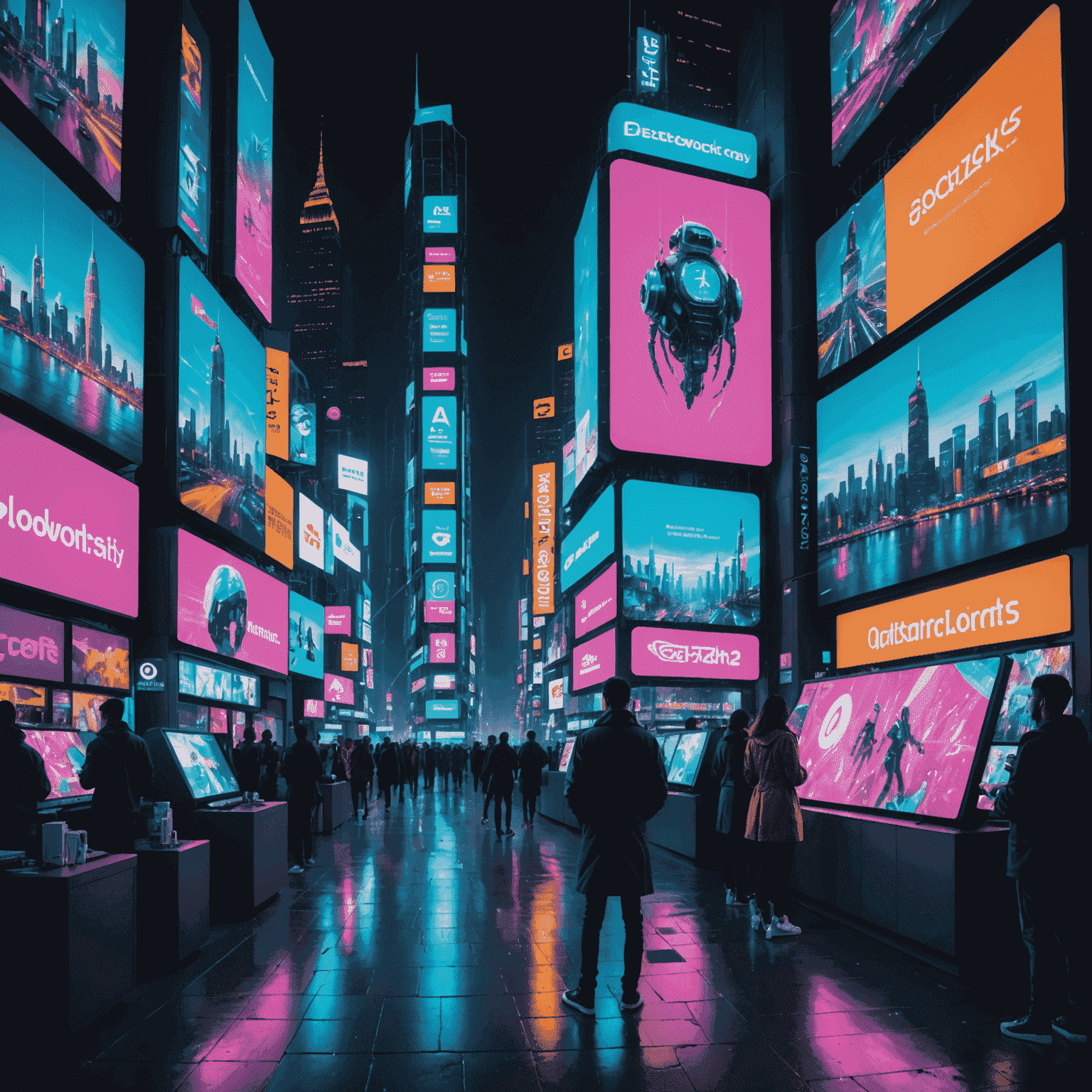 A futuristic cityscape with holographic billboards showcasing AI-generated art and advertisements, juxtaposed with human artists working in a neon-lit studio