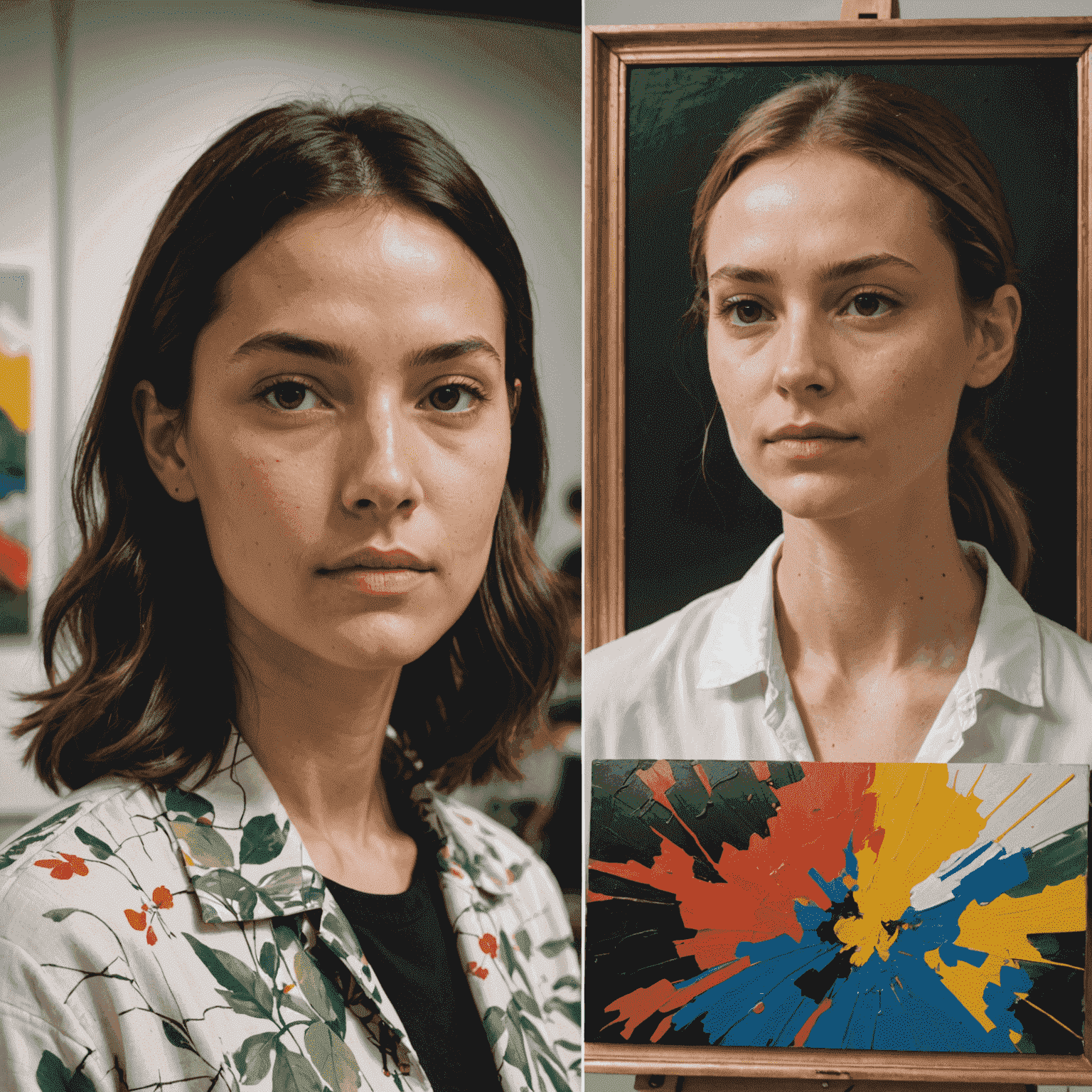 A split image showing an AI-generated artwork on one side and a human artist painting on the other