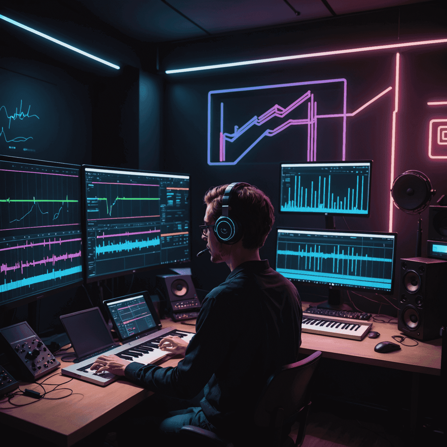 A neon-lit recording studio with an AI interface on one side and a human composer on the other, both creating musical scores