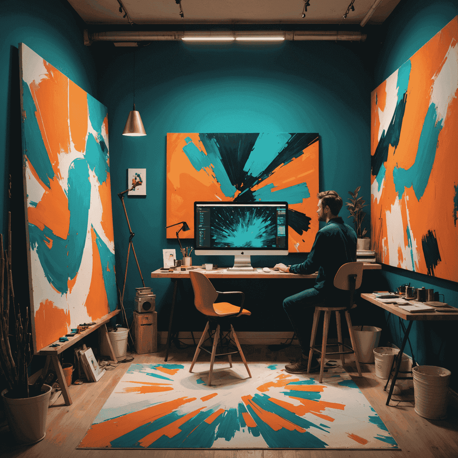 An artist's studio with large digital canvases displaying AI-generated abstract patterns. The artist is using gesture controls to manipulate and blend these patterns with traditional paint strokes. The room is lit with warm orange and teal lights, creating a contrast with the vibrant digital art.