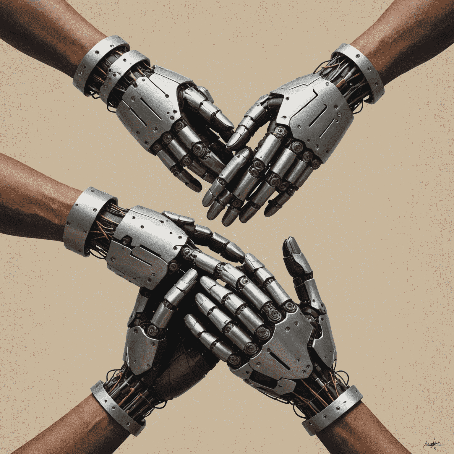 A digital collage representing ethical dilemmas in AI creativity, showing robotic hands intertwined with human hands over a canvas