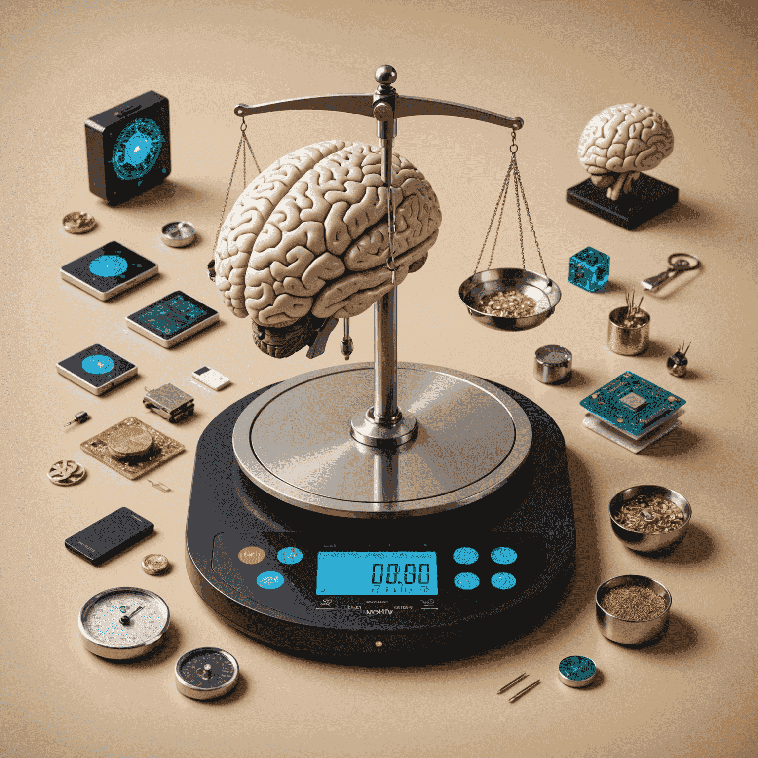 A digital scale balancing a microchip and a human brain, surrounded by ethical symbols