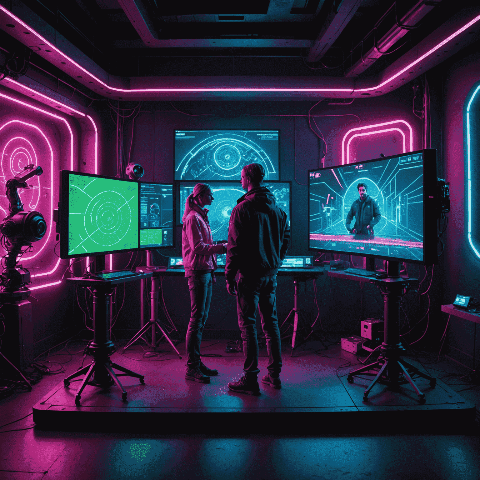 A film set where directors and animators are working with AI-powered characters on large screens. The set is a mix of physical props and green screens, with the AI characters seamlessly interacting with human actors. Neon pink and electric blue lights illuminate the high-tech equipment.