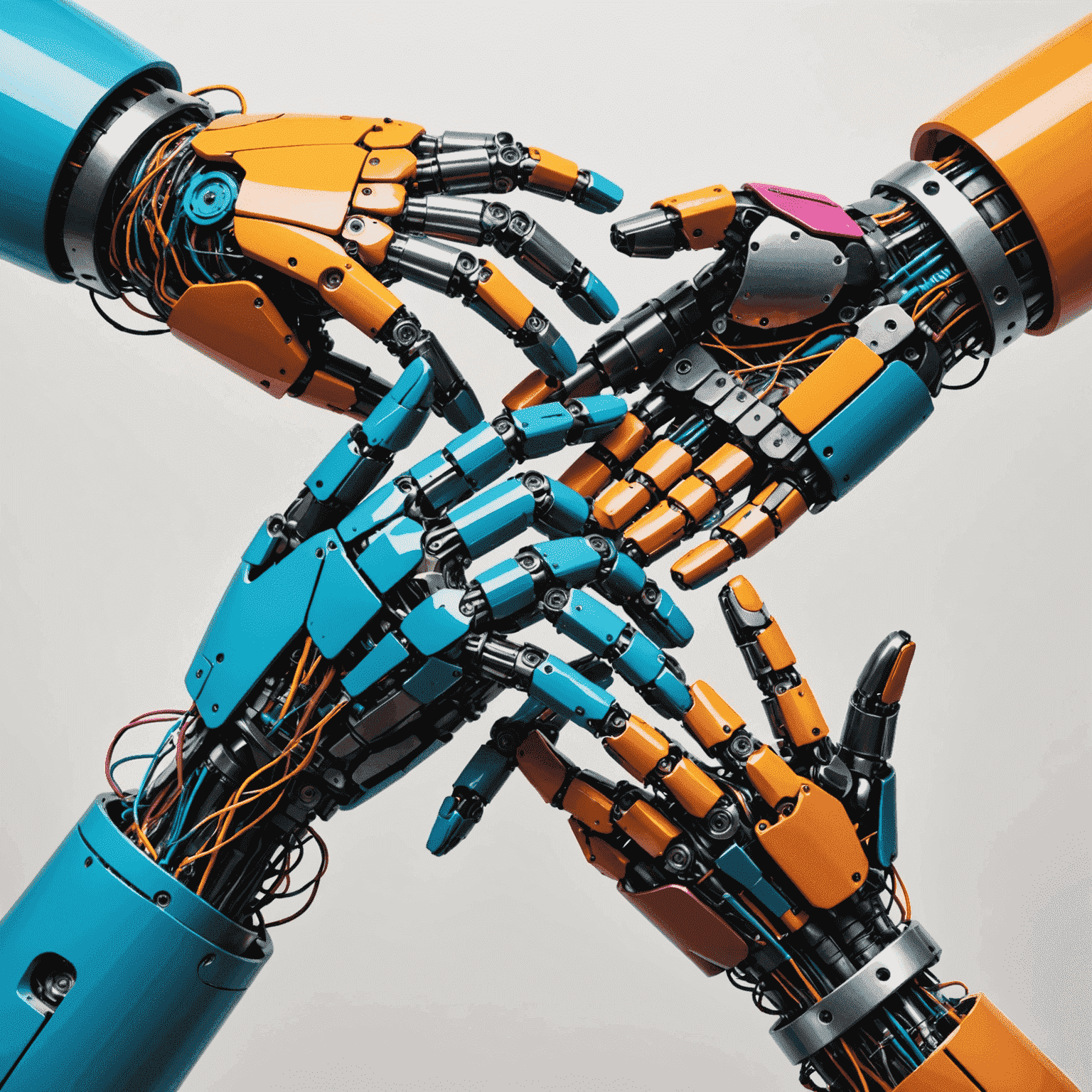 A human hand and robotic hand joining together to create a vibrant, colorful artwork