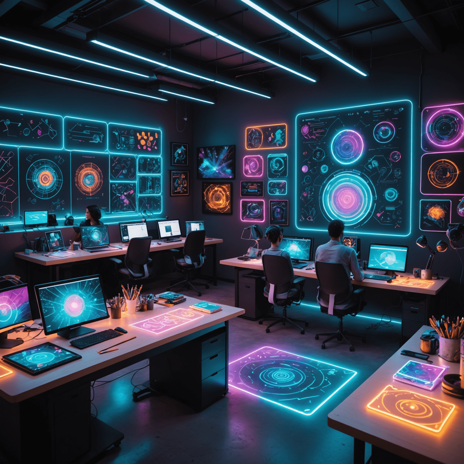 A futuristic classroom or workshop space where humans of diverse backgrounds are engaged in creative projects with holographic AI assistants. The room is filled with a mix of traditional art supplies and advanced technology, all glowing with vibrant neon colors.